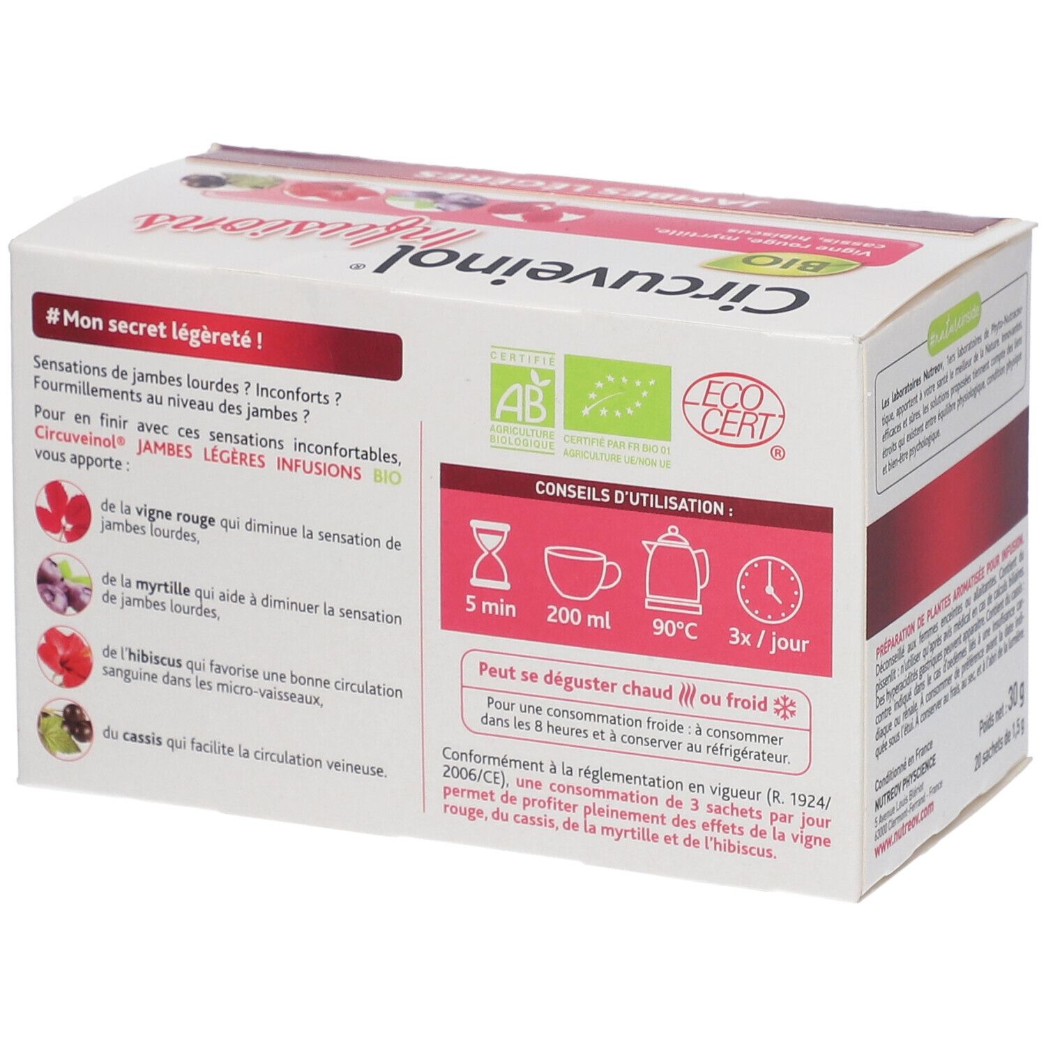 Dos de la boîte Nutreov Circuveinol Infusions. Mode d'emploi. Label Bio. Label EcoCert. 20 sachets.
