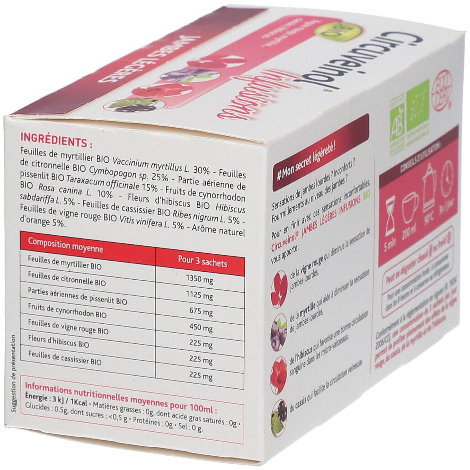 Boîte Nutreov Circuveinol Infusions. Ingrédients : myrtille, feuille de citron, hibiscus. Informations nutritionnelles pour 100ml.