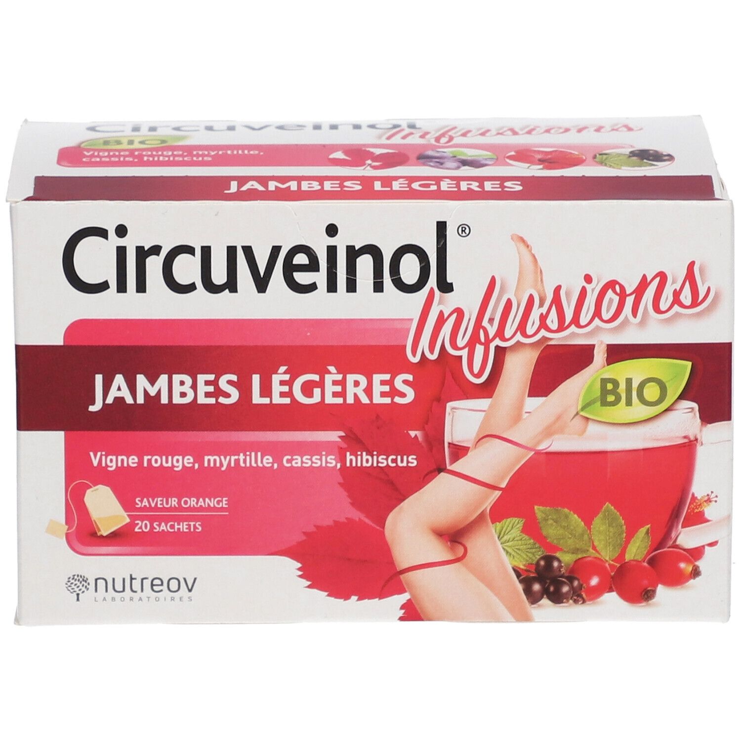 Boîte Nutreov Circuveinol Infusions. Inscription Jambes Légères. Illustration jambes et fruits. 20 sachets.