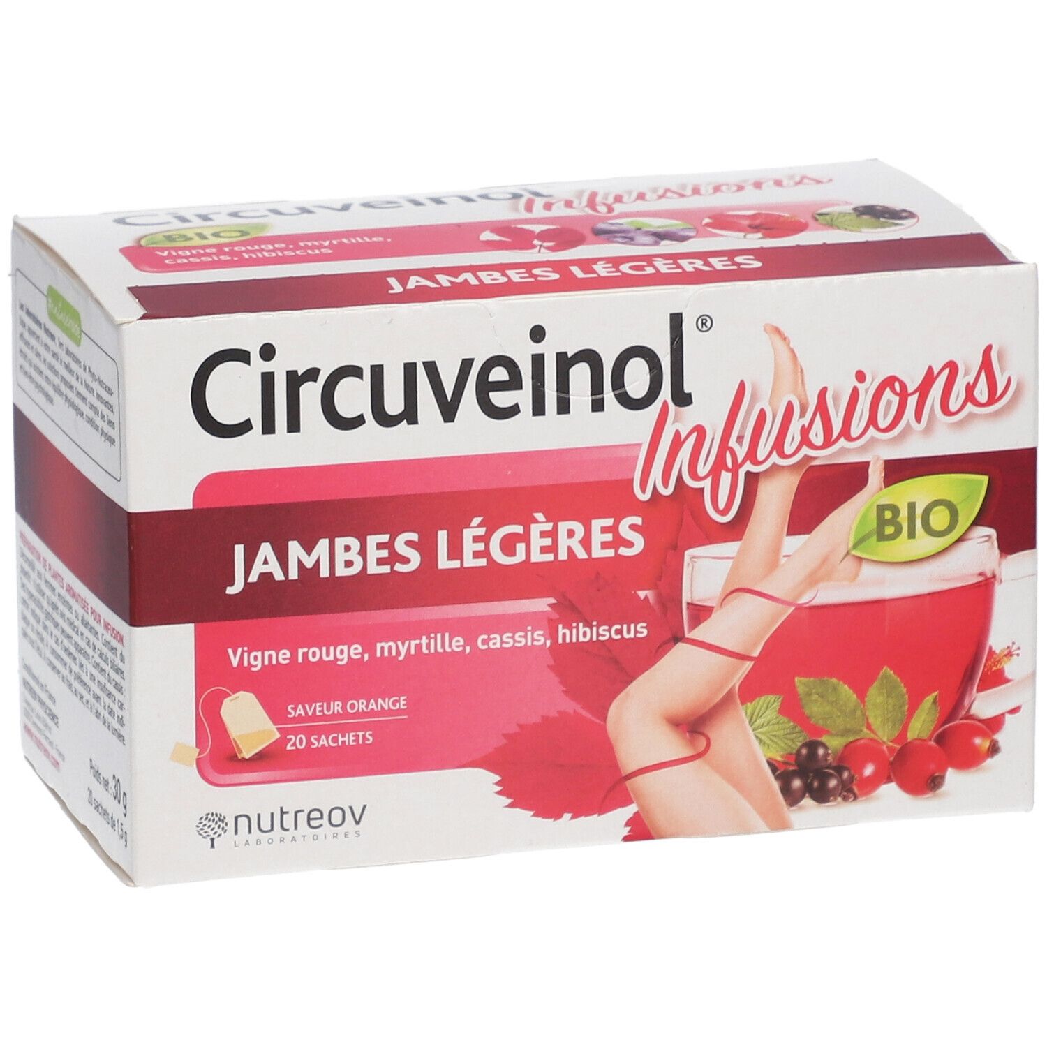 Boîte Nutreov Circuveinol Infusions. Inscription Jambes Légères. Illustration jambes et fruits. 20 sachets.