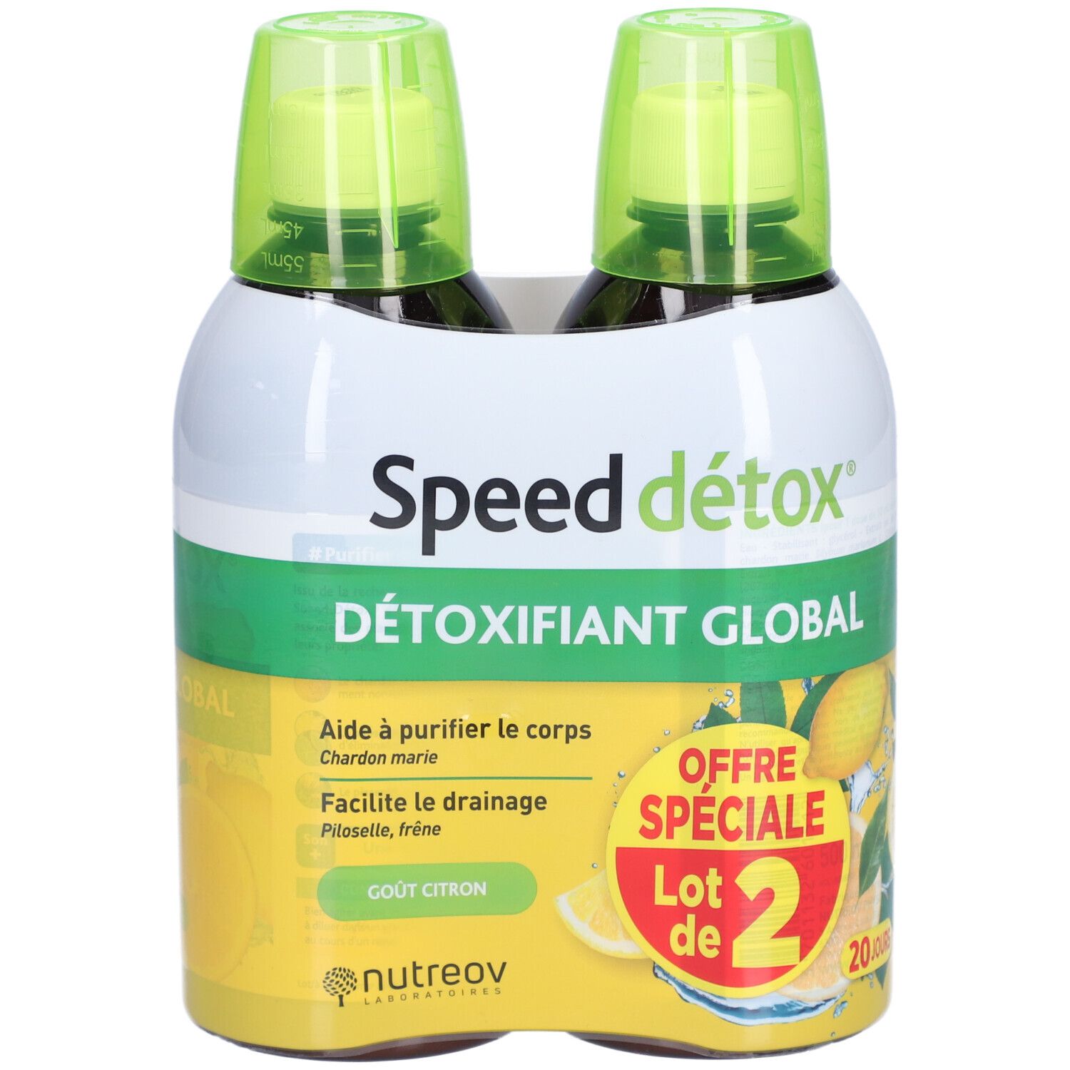 Pack de deux flacons Speed détox. Inscription: Détoxifiant Global, Gout Citron. Design jaune et vert.