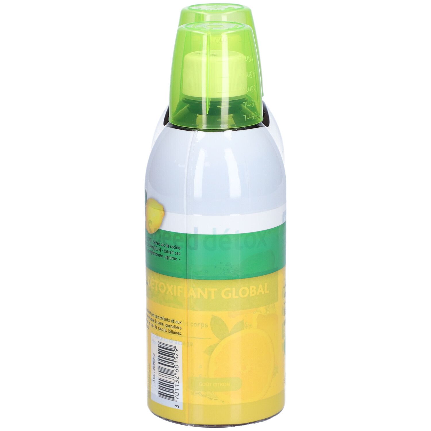 Flacon Speed détox, vue latérale. Design vert et jaune. Informations produit et code-barres.