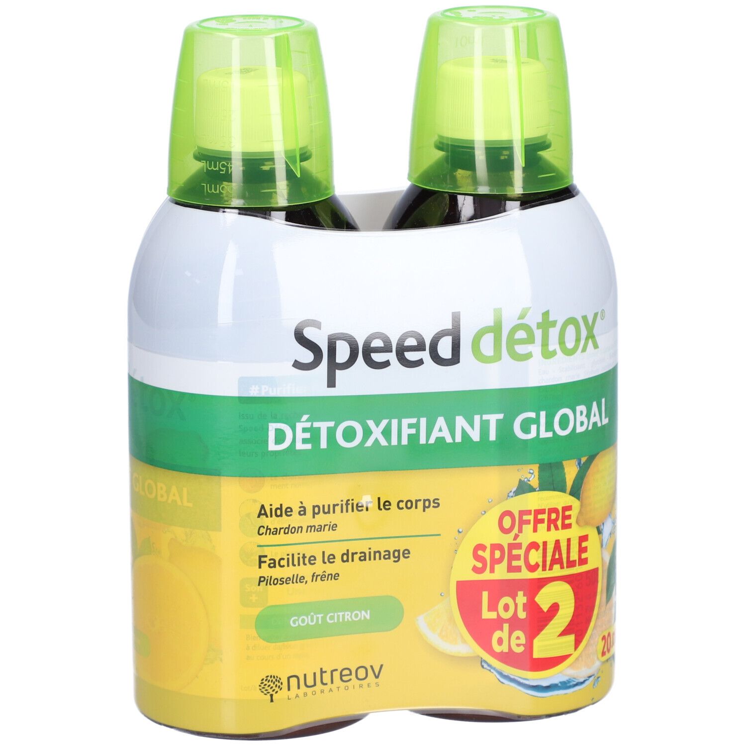 Pack de deux flacons Speed détox. Inscription: Détoxifiant Global, Gout Citron. Design jaune et vert.