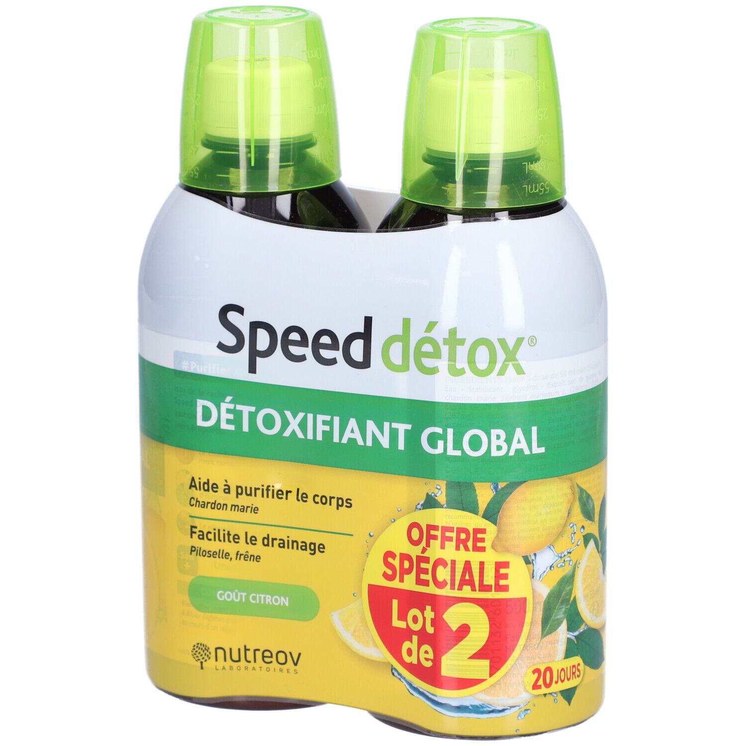 Pack de deux flacons Speed détox. Inscription: Détoxifiant Global, Gout Citron. Design jaune et vert.