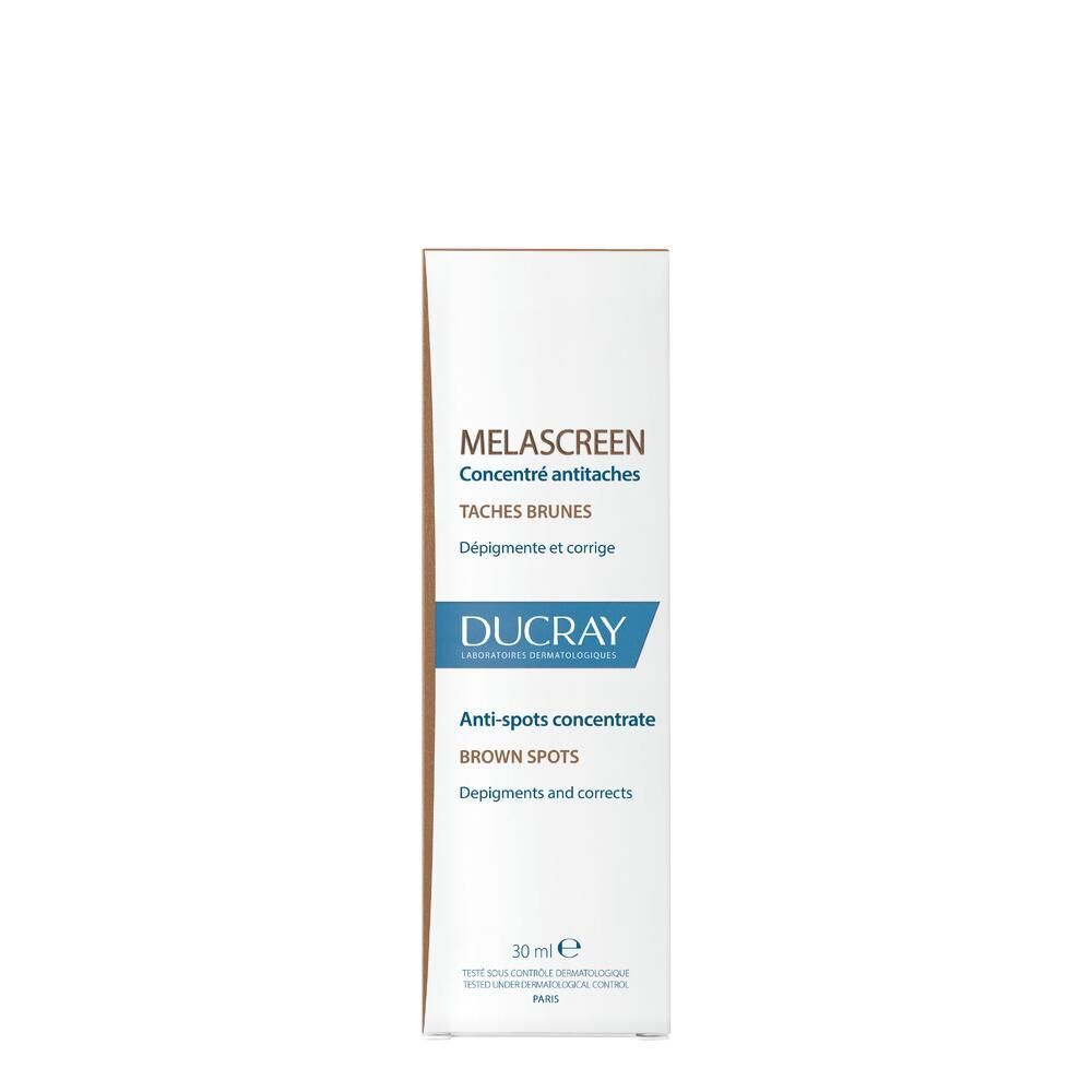 Emballage carton. MELASCREEN. Logo DUCRAY. Concentré anti-taches. 30 ml.