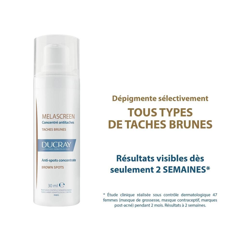 Texte sur fond blanc. MELASCREEN. Résultats visibles en 2 semaines.