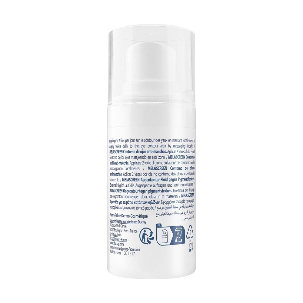 Rückseite der weißen Flasche. Text in mehreren Sprachen. Informationen zum Produkt und Hersteller.