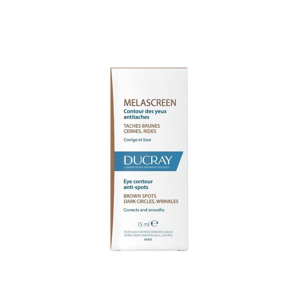 Kartonverpackung. Aufschrift: MELASCREEN, DUCRAY. Produkt für Augenpartie. Text in Englisch und Französisch.