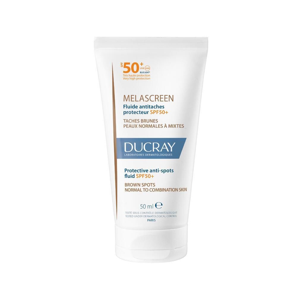 Tube blanc MELASCREEN SPF 50+. Contient 50 ml. Marque DUCRAY.