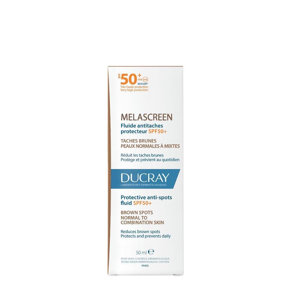 Boîte MELASCREEN SPF 50+. Contient 50 ml. Marque DUCRAY.