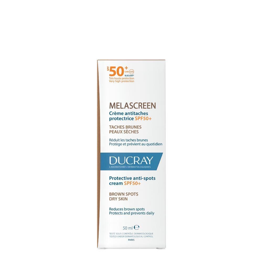 Witte doos met MELASCREEN, crème, SPF 50+ en DUCRAY-logo. Opschrift: Protective anti-spots cream. Vermindert bruine vlekken.
