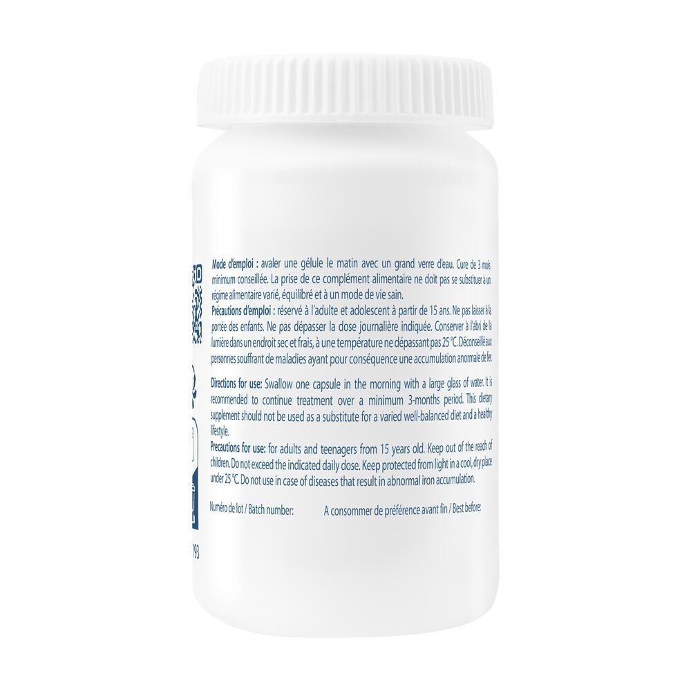 Rückseite der weißen Flasche. Text: Anwendung, Vorsichtsmaßnahmen, Chargennummer, Verfallsdatum.