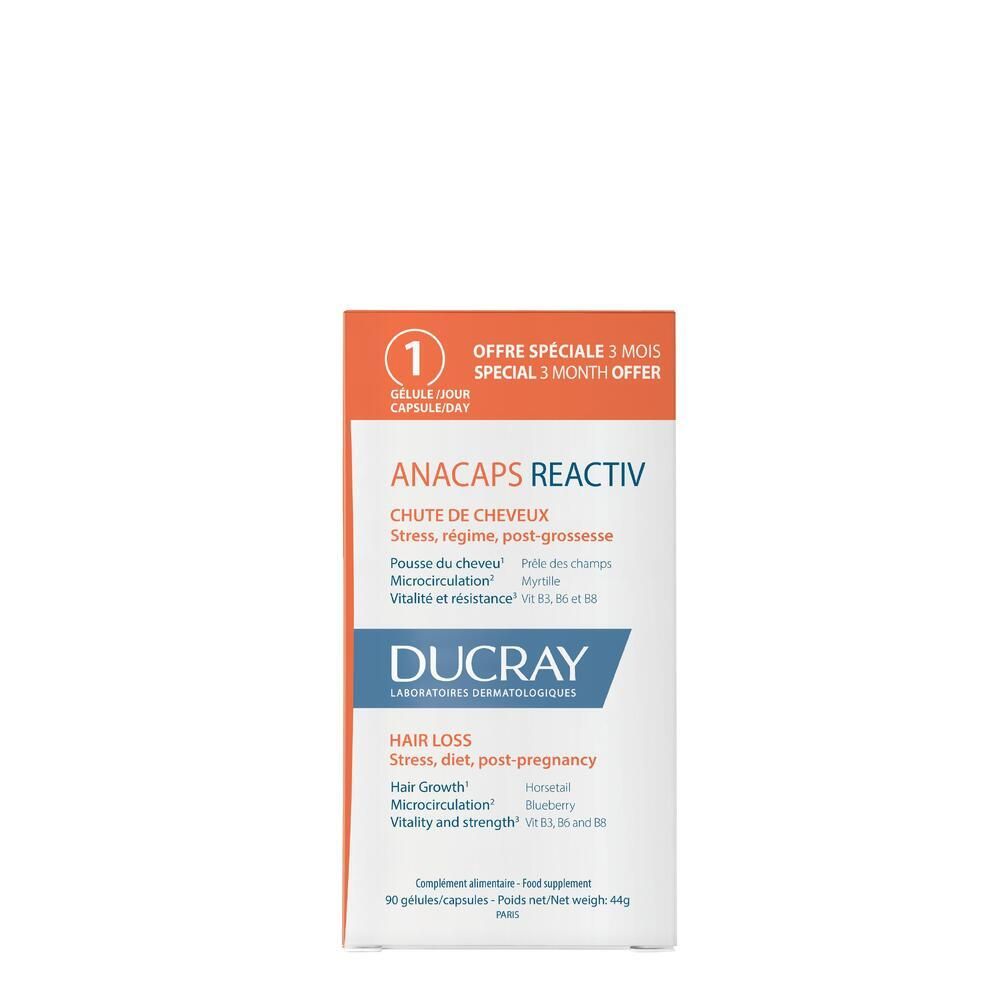 Emballage avec ANACAPS REACTIV. Texte: Chute de cheveux, DUCRAY. Offre spéciale 3 mois.