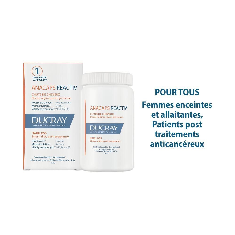 Flacon et emballage. Texte: ANACAPS REACTIV, DUCRAY. Pour femmes enceintes et allaitantes.