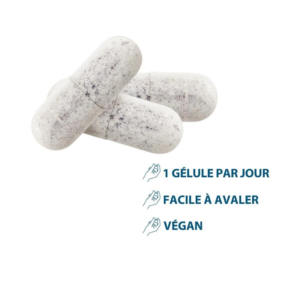 Trois gélules. Texte: 1 gélule par jour, facile à avaler, végan.