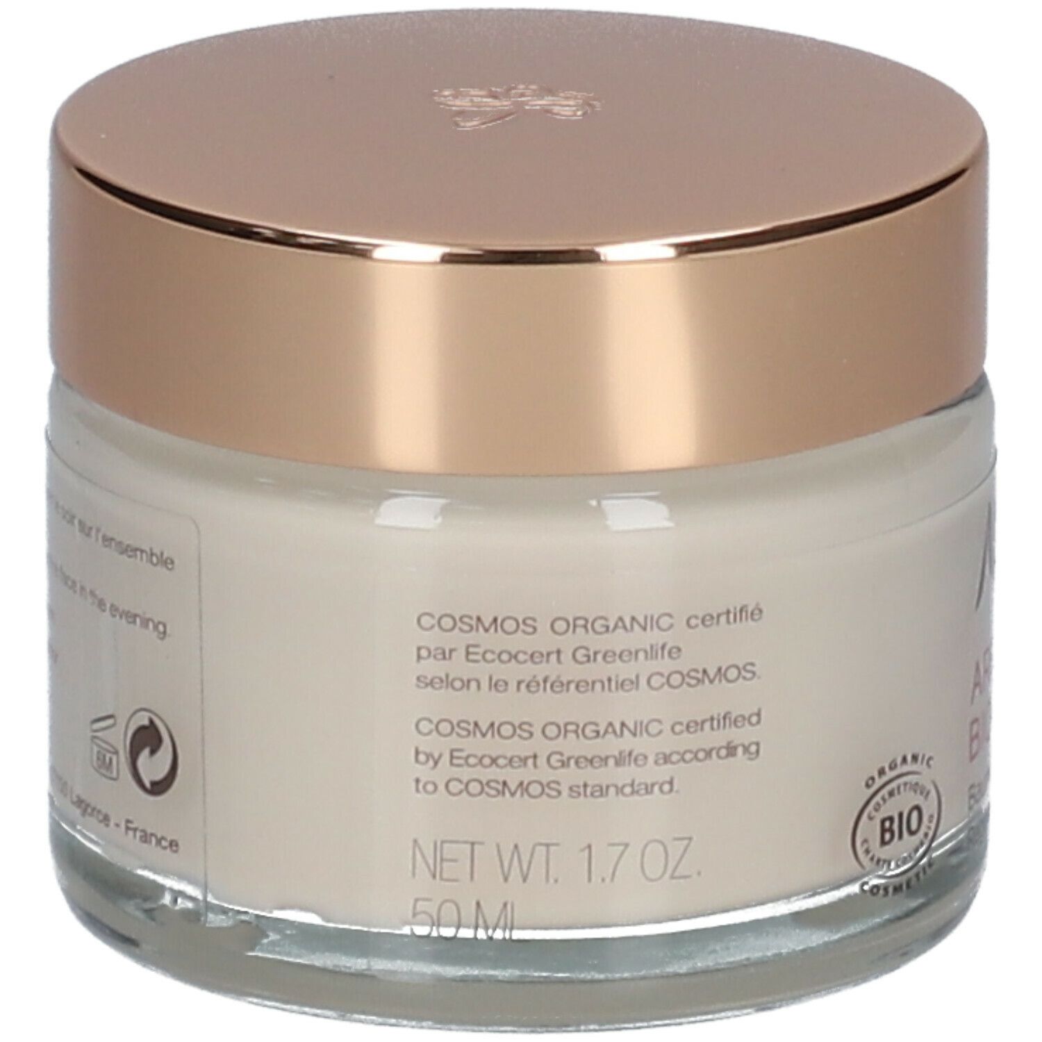 Rückseite des Creme-Tiegels. Text: COSMOS ORGANIC zertifiziert. 50 ml, 1.7 OZ. Bio-Zertifizierung.