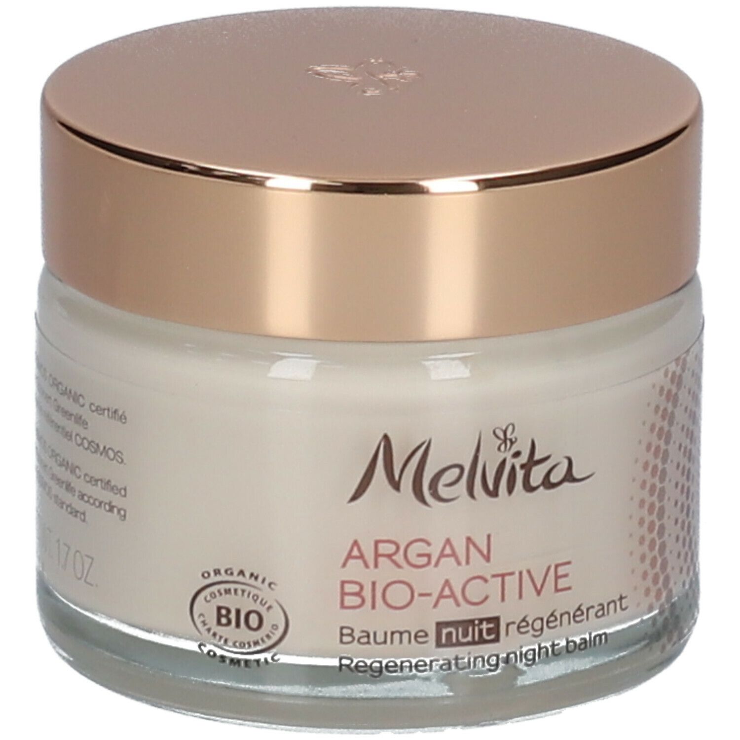 Creme-Tiegel mit goldfarbenem Deckel. Aufschrift: Melvita Argan Bio-Active Baume nuit régénérant. Bio-Zertifizierung.