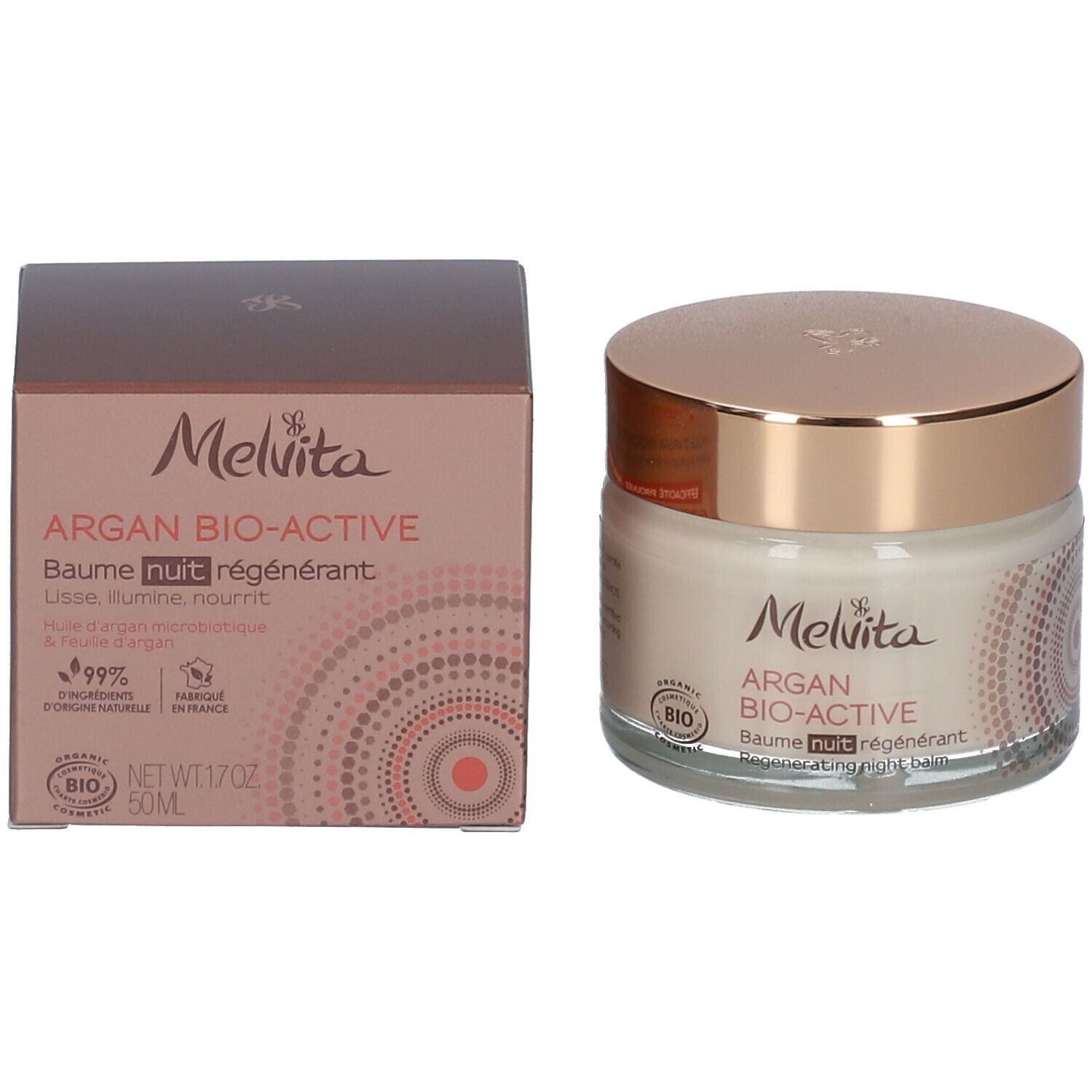 Produktverpackung und Creme-Tiegel. Verpackung: Melvita Argan Bio-Active Baume nuit régénérant. Bio-Zertifizierung.