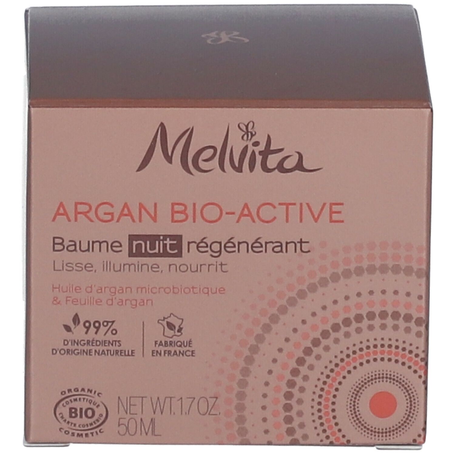 Produktverpackung. Aufschrift: Melvita Argan Bio-Active Baume nuit régénérant. 99% Inhaltsstoffe natürlichen Ursprungs.