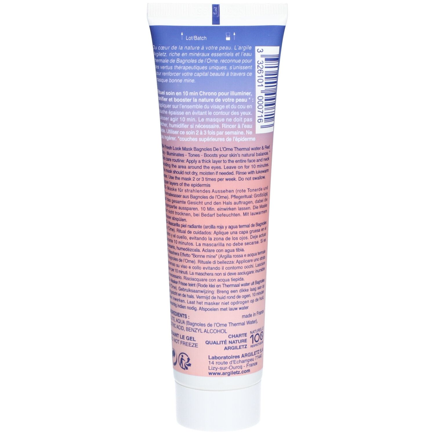 Rückseite der Tube mit Gesichtsmaske. Text und Inhaltsstoffe in mehreren Sprachen. Logo: Argiletz.