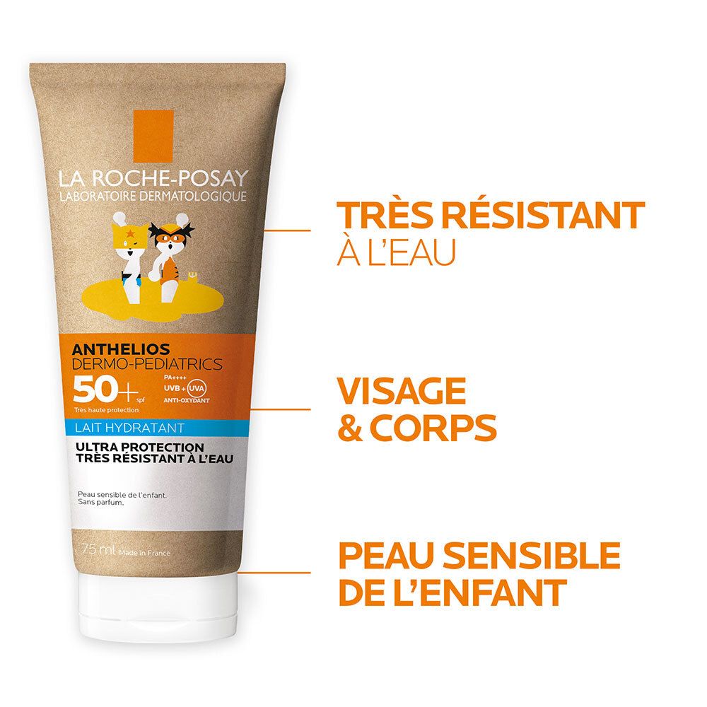 Tube de crème solaire. Texte: Anthelios Dermo-Pediatrics 50+. Ultra protection, résistant à l'eau. Visage et corps.