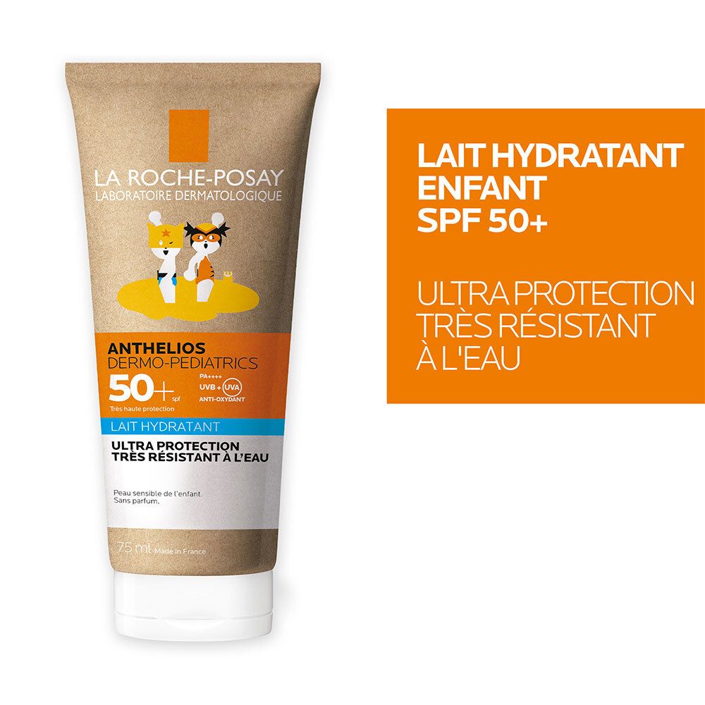 Tube de crème solaire et encadré texte. Texte: Lait Hydratant Enfant SPF 50+. Ultra protection, résistant à l'eau.