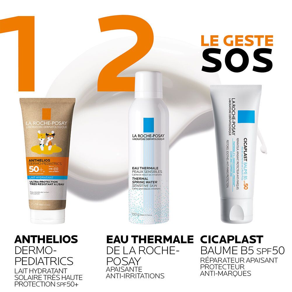 Trois produits: crème solaire, eau thermale, baume. Texte: Anthelios, Eau Thermale, Cicaplast Baume B5 SPF50.