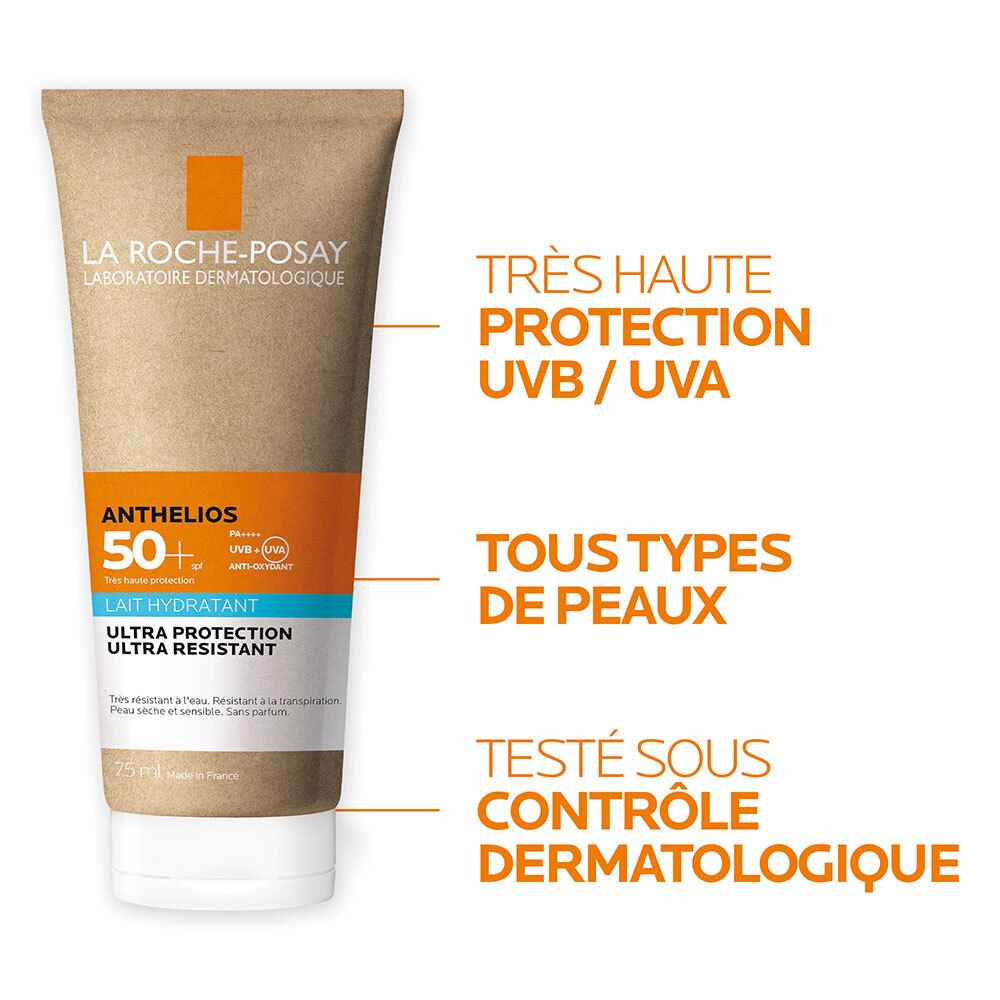 LA ROCHE-POSAY ANTHELIOS Lait Solaire SPF 50+ Tube. Texte: Très haute protection UVB/UVA, Tous types de peaux, Testé sous contrôle dermatologique.
