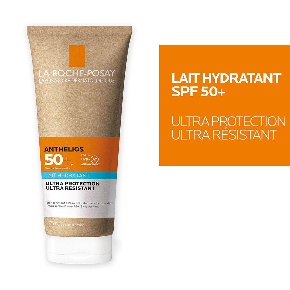 LA ROCHE-POSAY ANTHELIOS Lait Hydratant SPF 50+. Fond orange avec texte blanc. Nom du produit et caractéristiques.