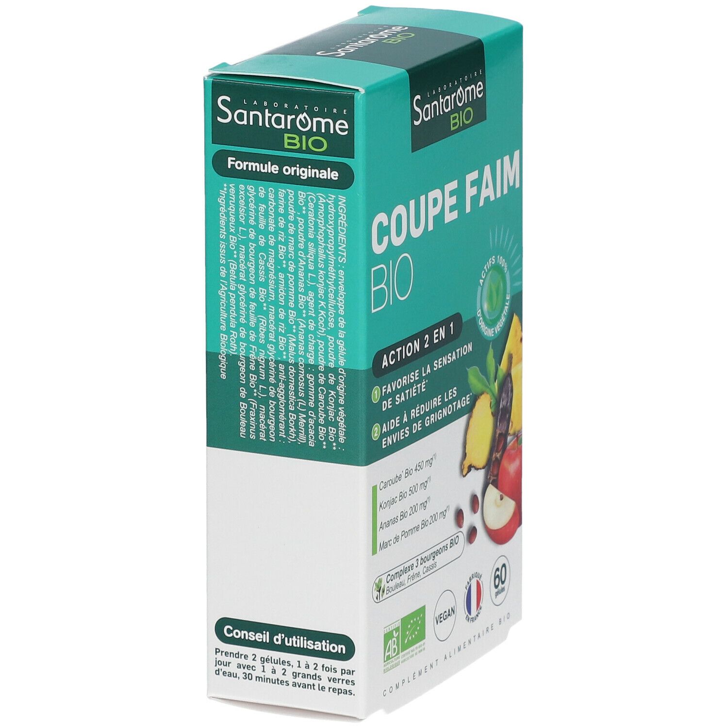 Vue oblique de l'emballage Santarome Bio Coupe Faim Bio. Design vert et blanc avec informations et 60 gélules.