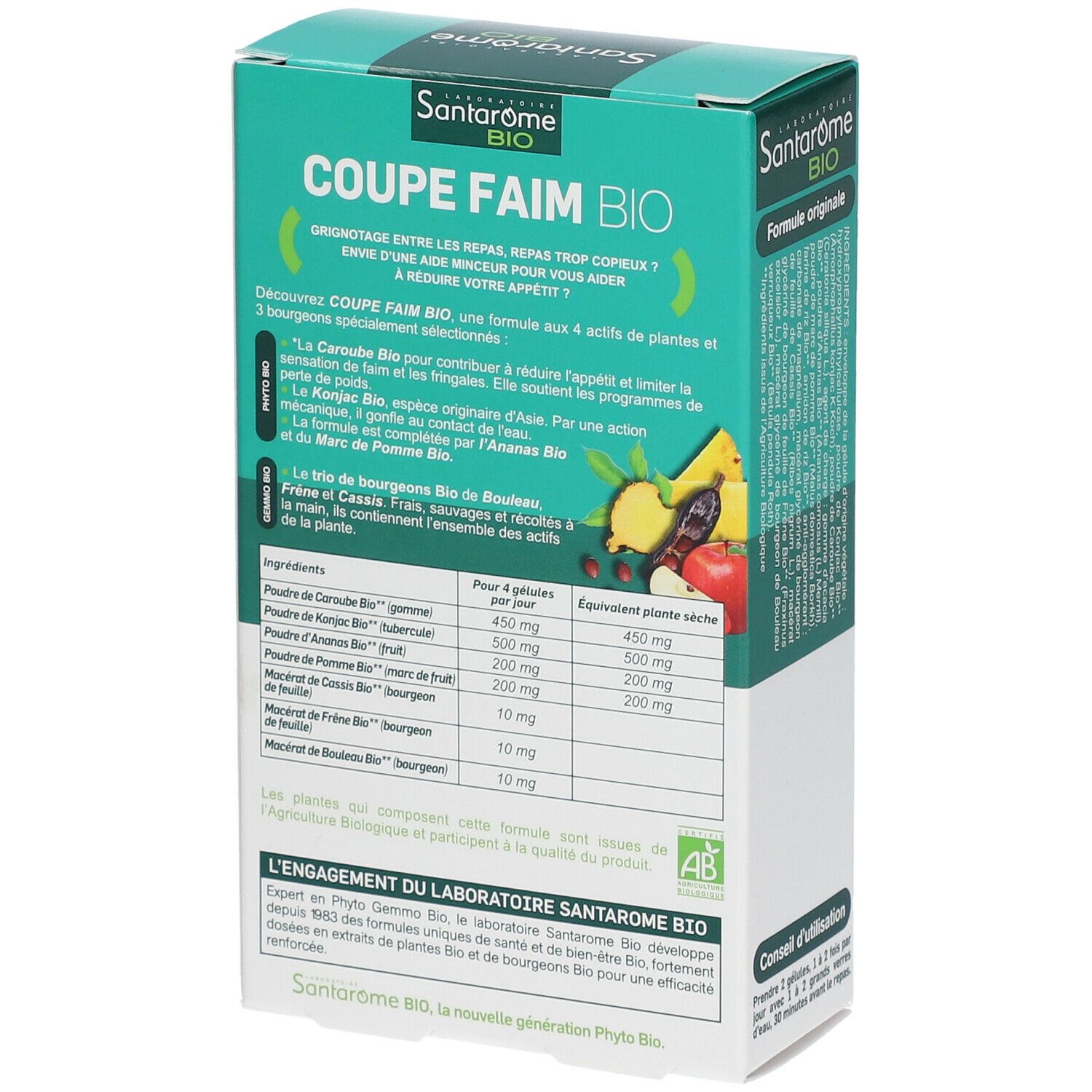 Dos de l'emballage Santarome Bio Coupe Faim Bio. Contient informations, ingrédients et valeurs nutritionnelles.