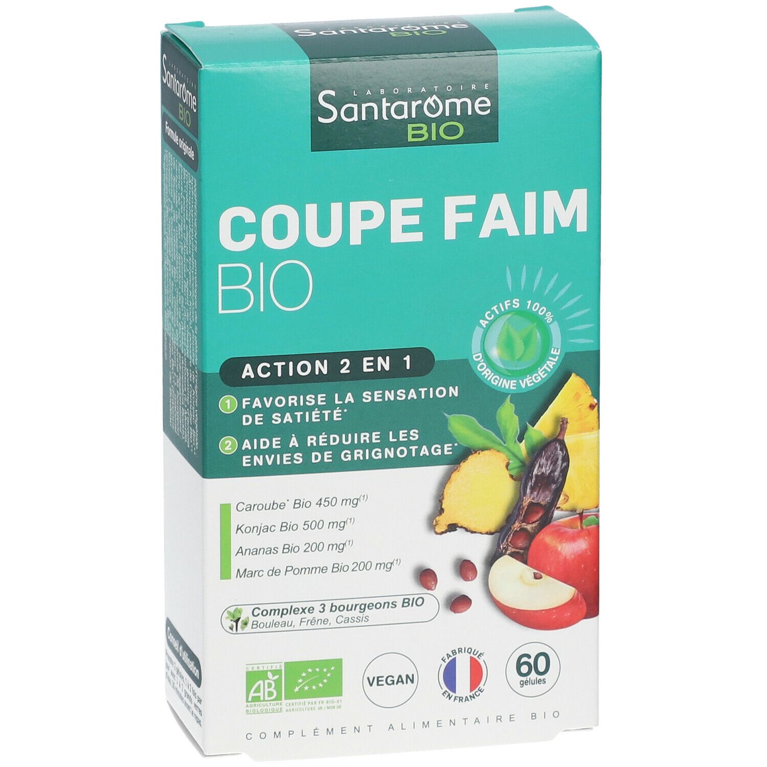 Boîte Santarome Bio Coupe Faim Bio. Design vert et blanc, nom du produit et illustrations de fruits. 60 gélules.