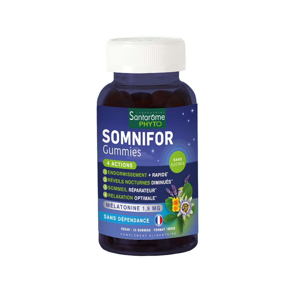 Flacon bleu foncé, bouchon blanc. Inscription: Santarome Phyto Somnifor Gummies. 4 actions. Vegan. 30 gommes.