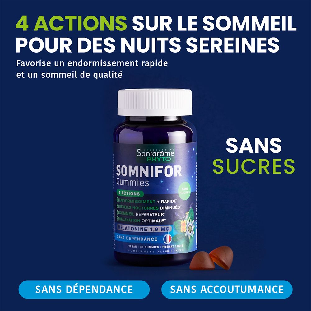 Flacon et deux gommes. Inscription: Santarome Phyto Somnifor Gummies. 4 actions. Sans sucres. Sans dépendance.
