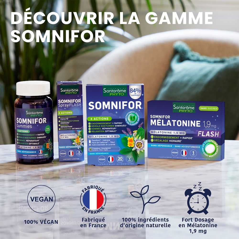 Différents produits Somnifor. Gommes, Spray-Flash, boîte. Vegan, fabriqué en France, 100% naturel, mélatonine.