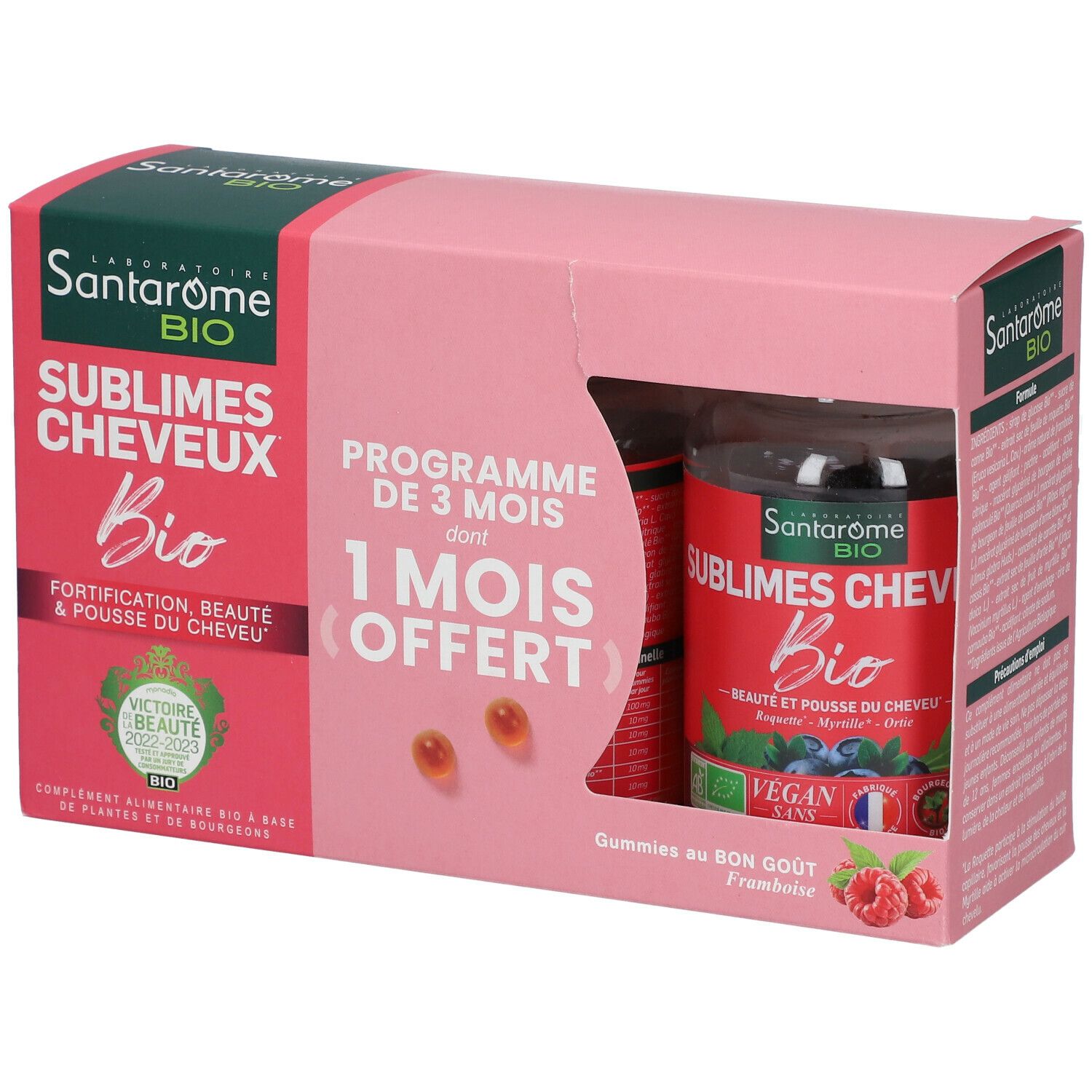 Boîte rose avec gummies Santarome Bio. Visible : nom du produit, 1 mois offert, 2 gummies.
