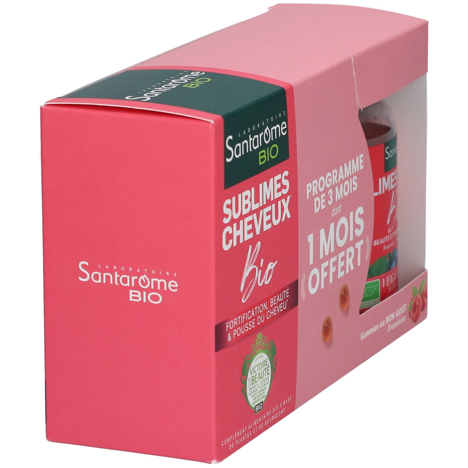 Boîte rose avec gummies Santarome Bio. Visible : nom du produit, 1 mois offert.