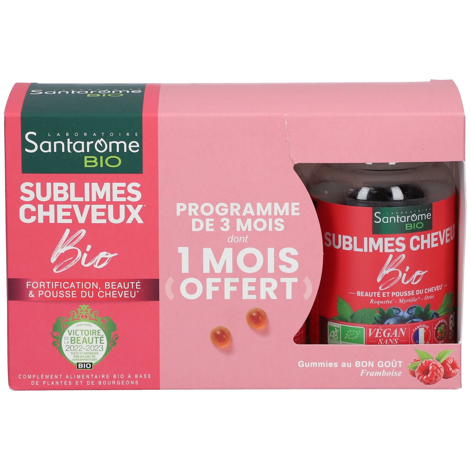 Boîte rose avec gummies Santarome Bio. Visible : nom du produit, 1 mois offert, 2 gummies.