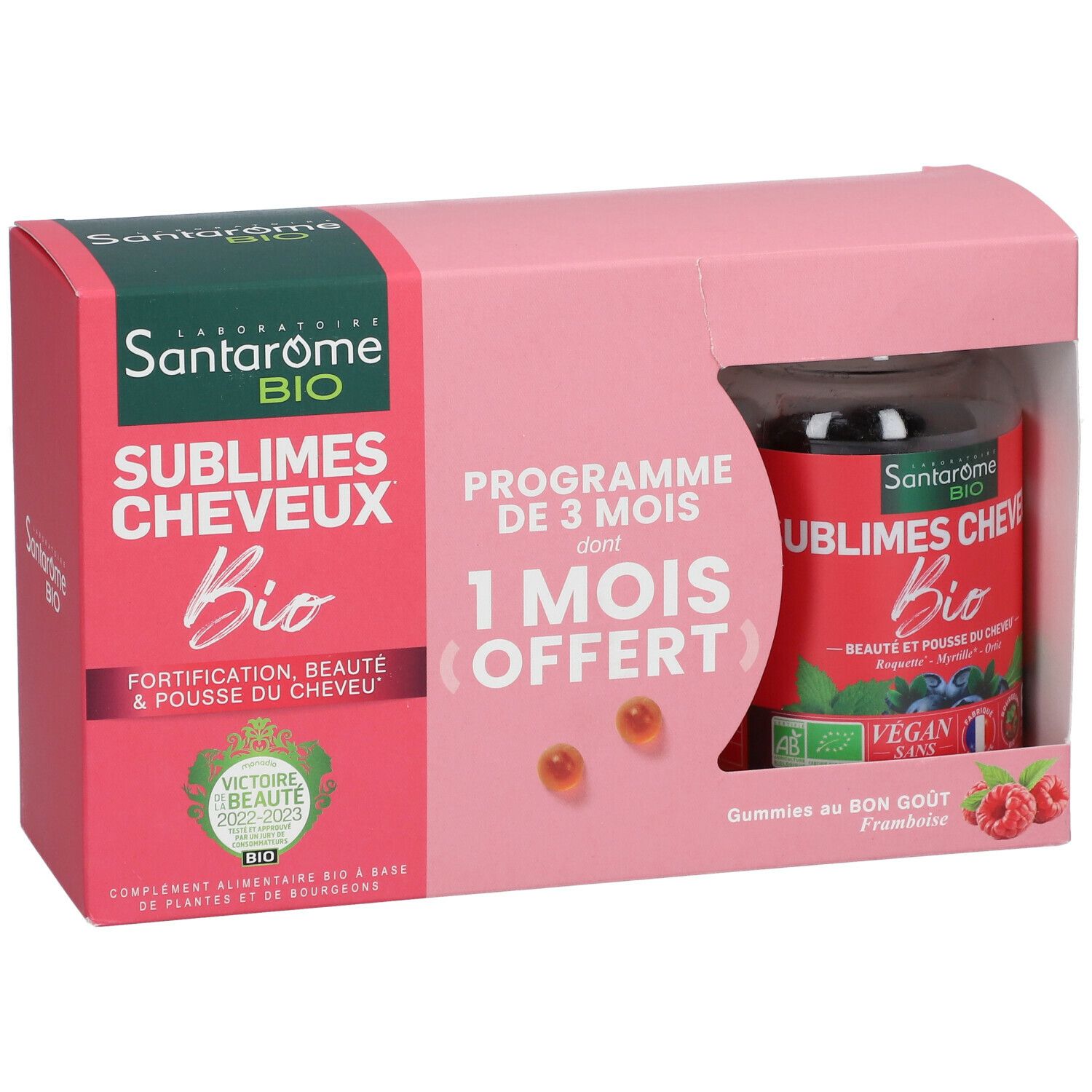 Boîte rose avec gummies Santarome Bio. Visible : nom du produit, 1 mois offert, 2 gummies.