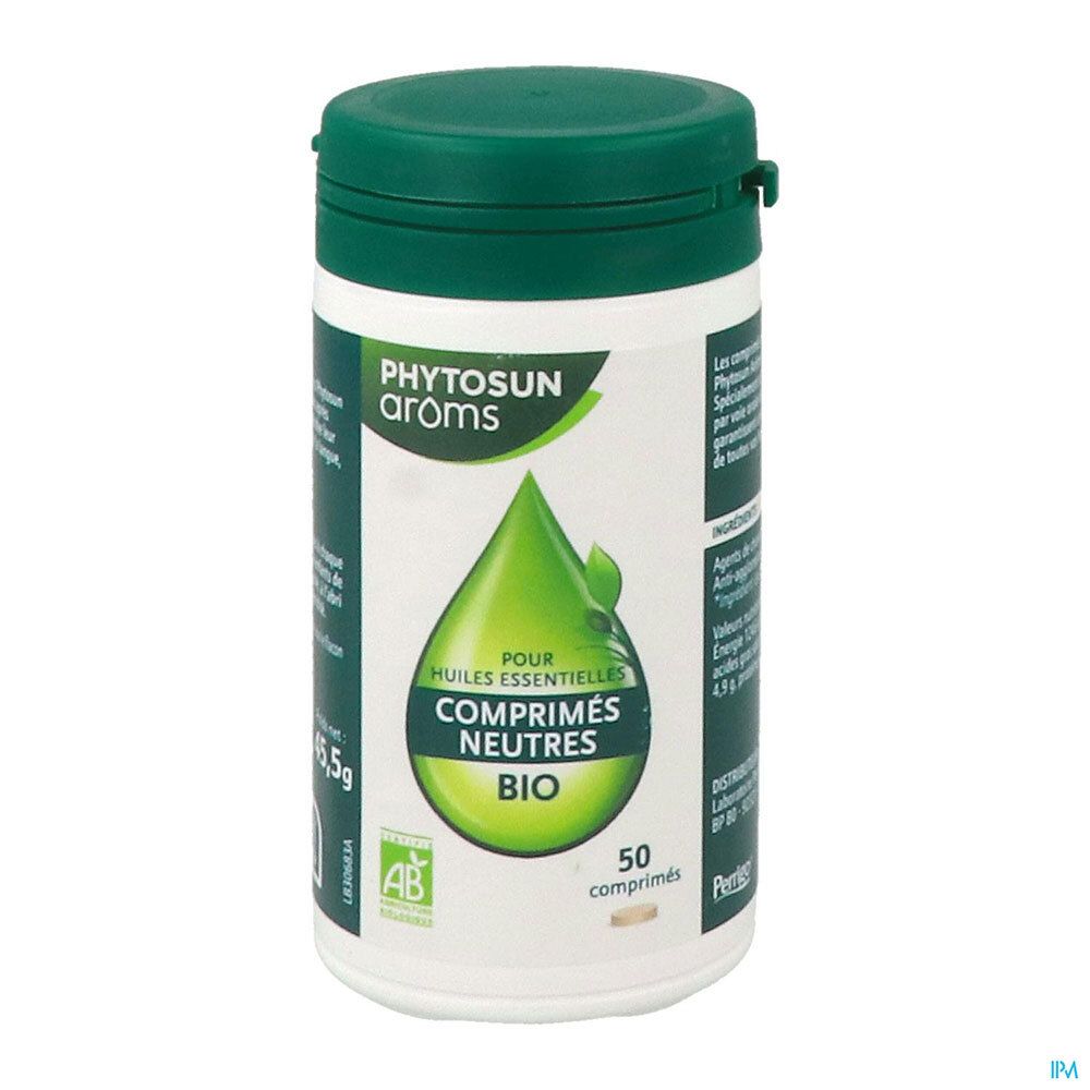 Weiße Dose mit grünem Deckel. Aufschrift: PHYTOSUN arôms, POUR HUILES ESSENTIELLES, COMPRIMÉS NEUTRES BIO. 50 Tabletten.