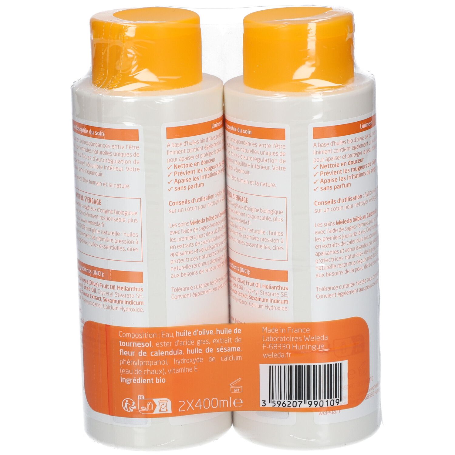 Deux flacons de liniment bébé, dos, emballage transparent. Inscription: Ingrédients, 2x400ml, WELEDA, label bio, code-barres.