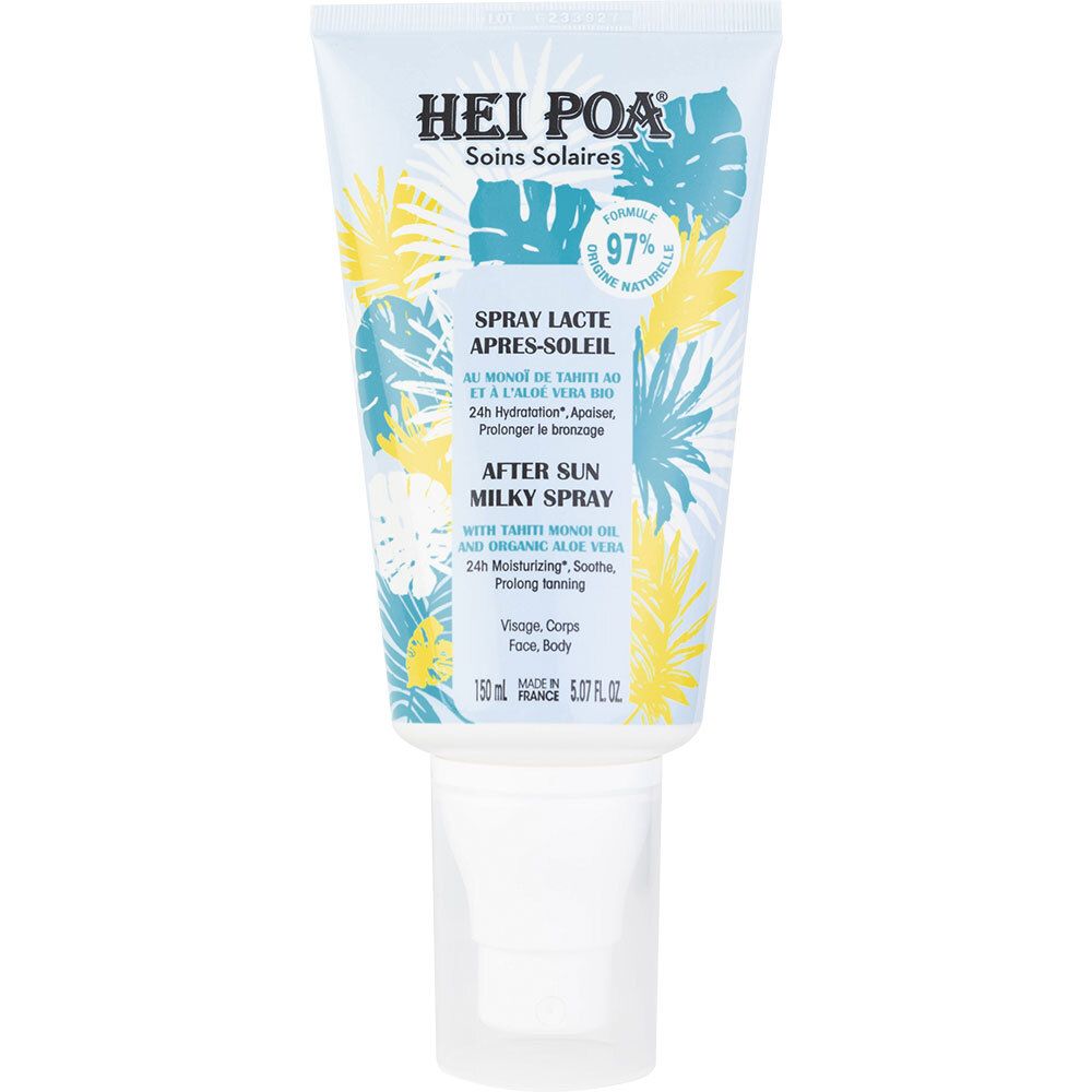 Witte tube met blauwe en gele tekst. "HEI POA" en "Spray Lacte Après-Soleil" zijn zichtbaar. 97% ingrediënten van natuurlijke oorsprong.
