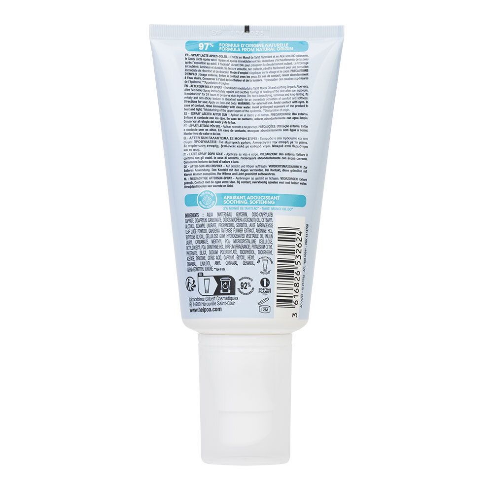 Achterkant van een witte tube. Tekst in meerdere talen. Ingrediënten en logo's zichtbaar. De dop is wit.