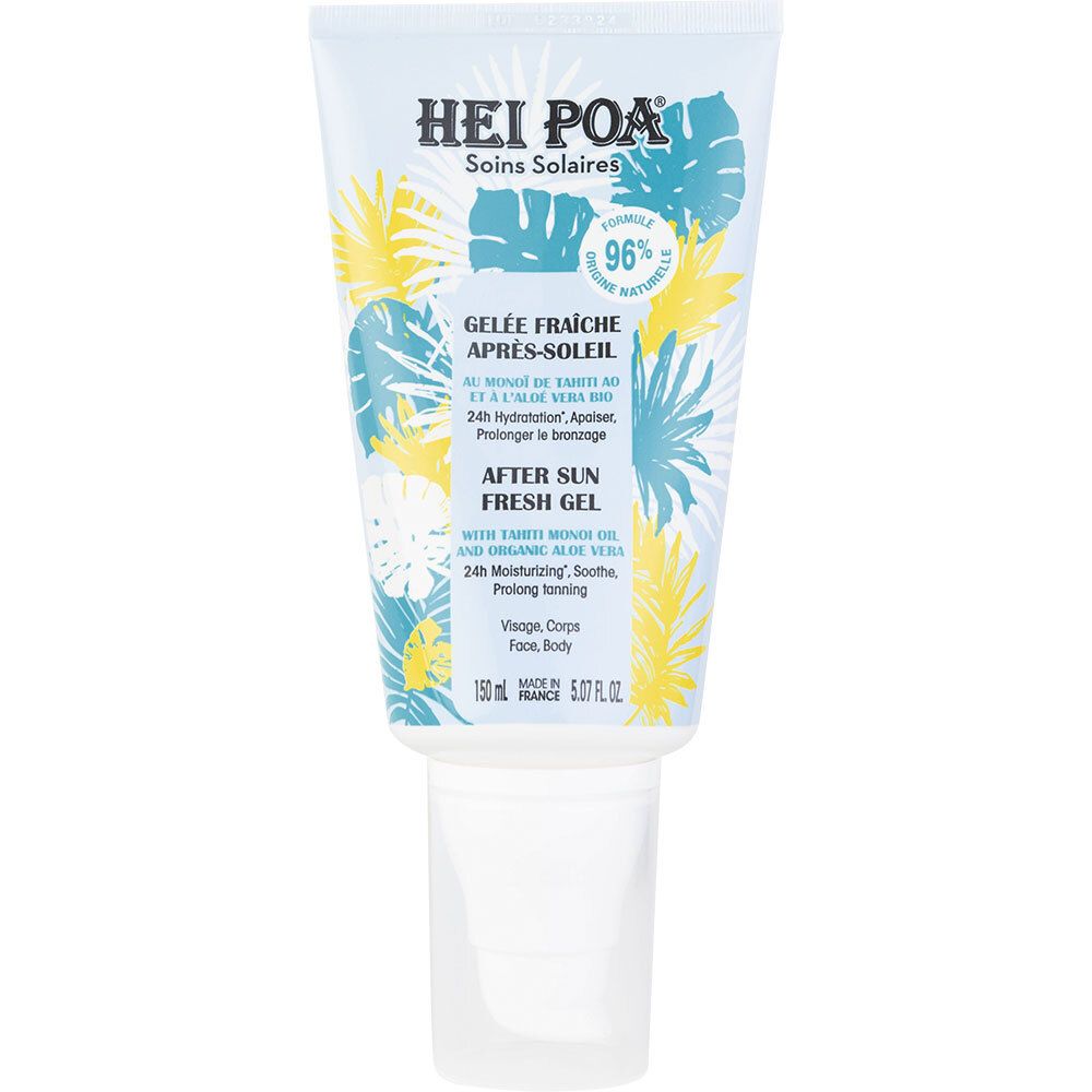 Tube mit After-Sun-Gel. Vorderseite mit Produktnamen, floralem Muster und Text. 96% Inhaltsstoffe natürlichen Ursprungs.