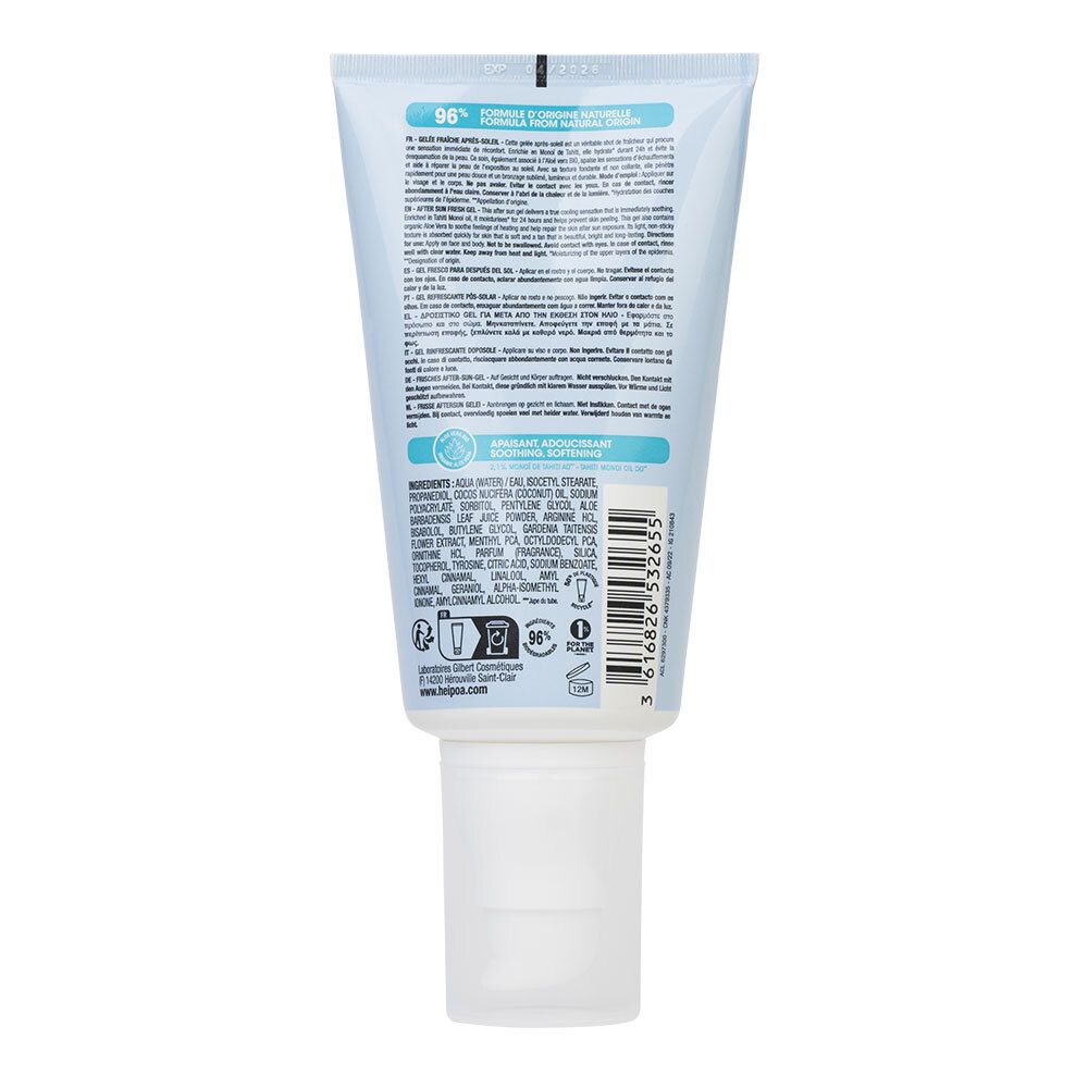 Rückseite der Tube mit Text und Inhaltsstoffen. Hellblauer Hintergrund. Recycling- und Natur-Siegel.