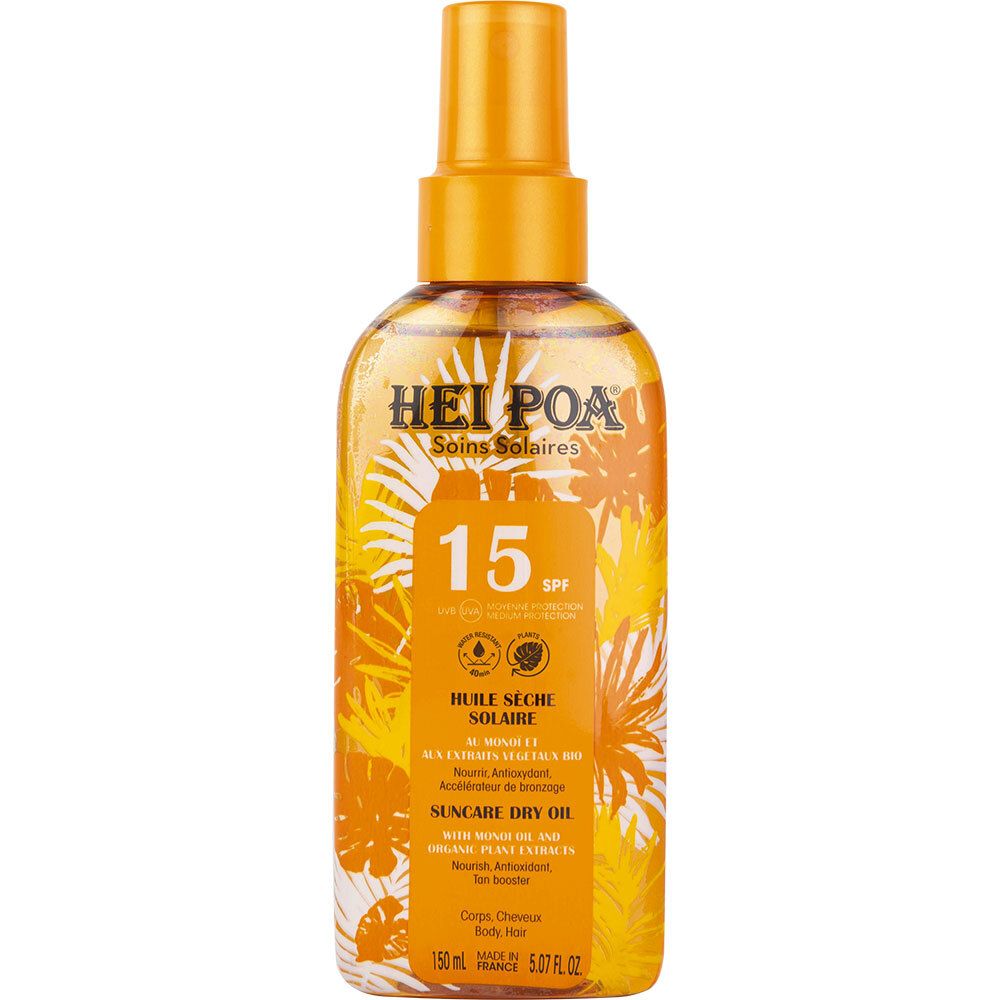 Zonne-olie sprayfles met gele dop. Opschrift: HEI POA, SPF 15. Prints met gele en oranje bloemen.