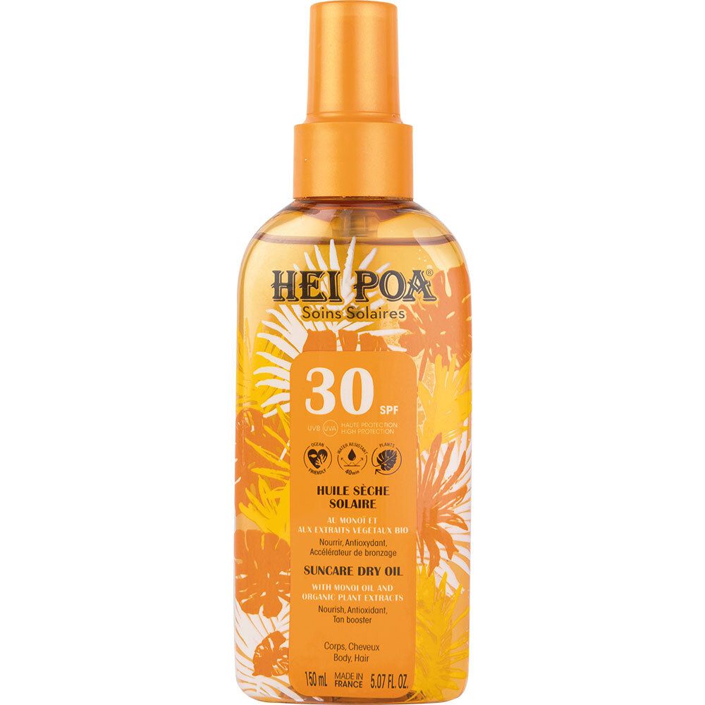 Flacon d'huile solaire. Inscription: HEI POA, SPF 30, Huile Seche Solaire. Avec vaporisateur.