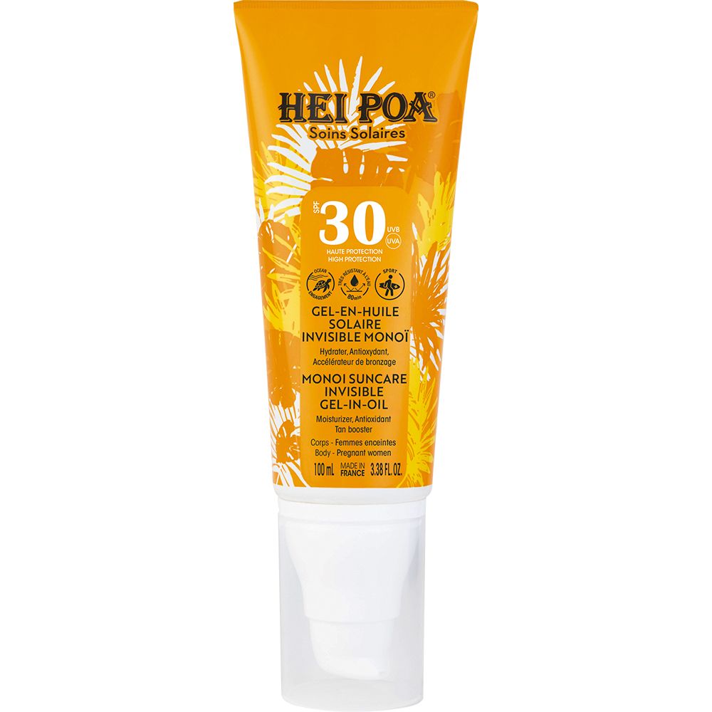 Gel-in-Öl-Sonnenschutzmittel-Tube. Gelbe Tube mit weißem Verschluss. Aufschrift: HEI POA, SPF 30, Gel-en-huile invisible solaire.