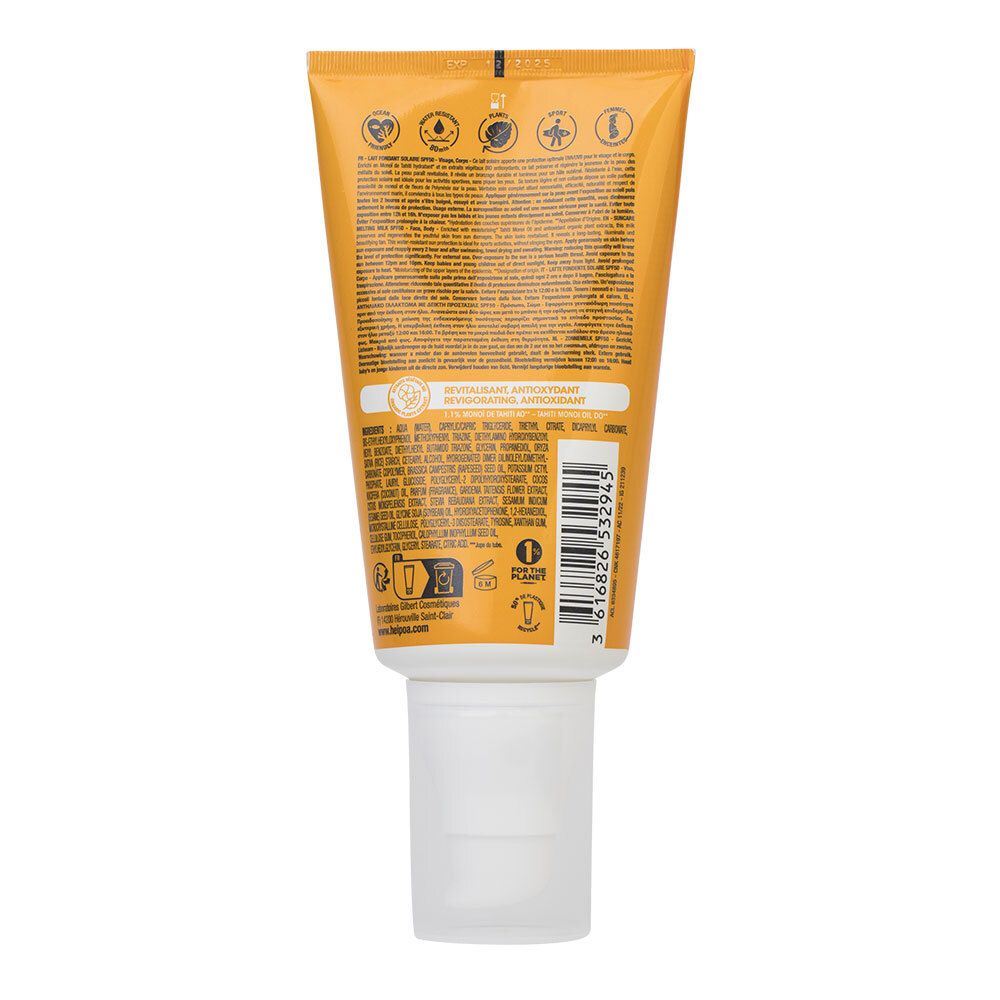 Rückseite der Sonnenmilch-Tube. Gelber Hintergrund mit Text. Weißer Verschluss. Enthält Informationen und Barcode.