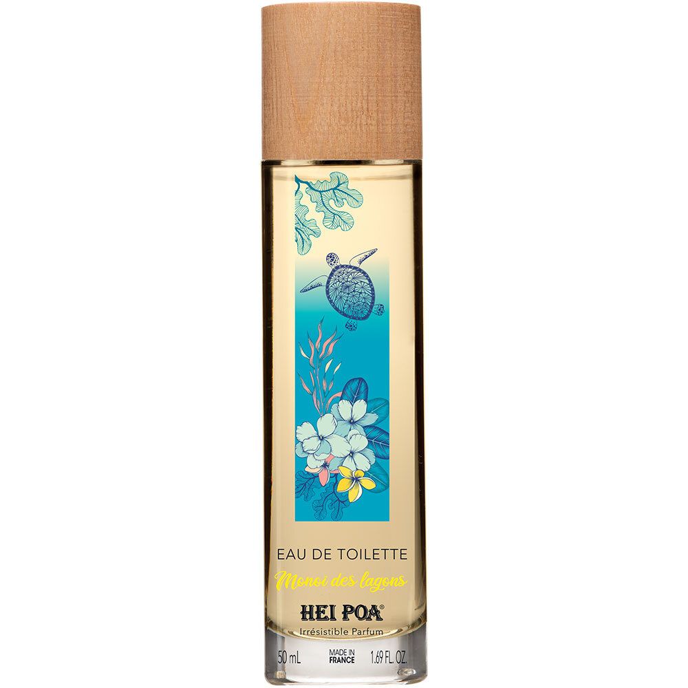 Flacon cylindrique avec bouchon en bois. Étiquette avec tortue marine et fleurs. Texte: EAU DE TOILETTE, HEI POA.